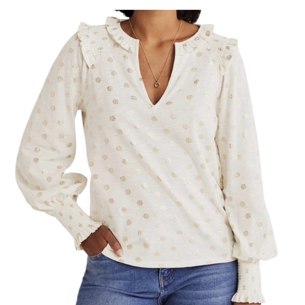 Boden long sleeve notch neck white with ruffle detail gold foil design size 14